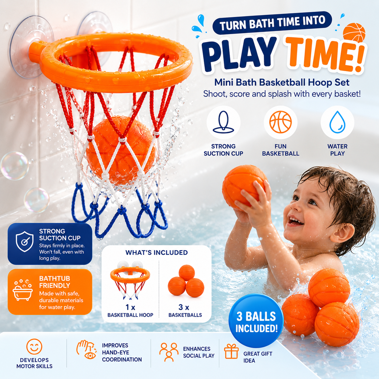 Mini Bath Basketball Hoop Set for Kids – Suction Cup Bathtub Basketball Toy with 3 Soft Balls