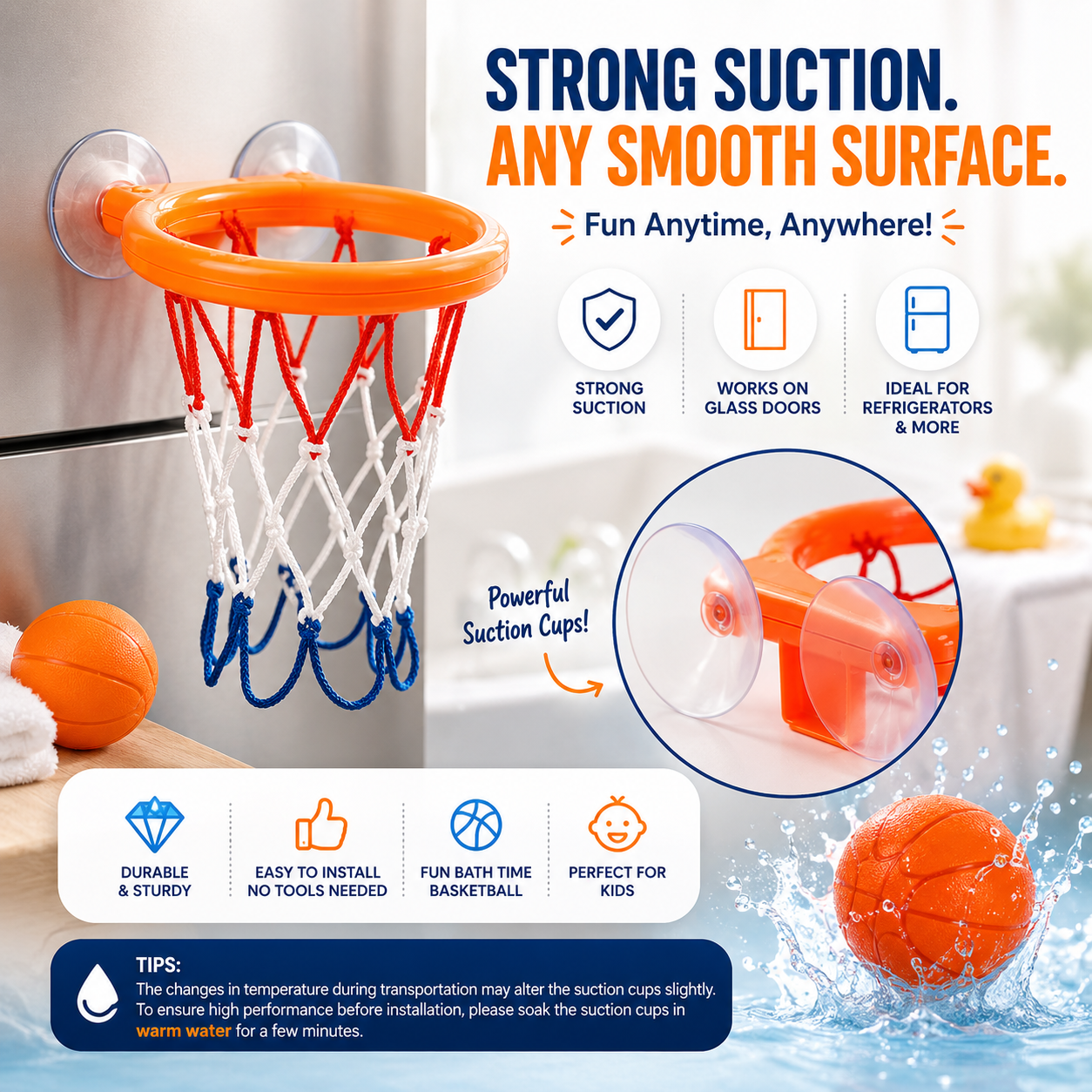Mini Bath Basketball Hoop Set for Kids – Suction Cup Bathtub Basketball Toy with 3 Soft Balls