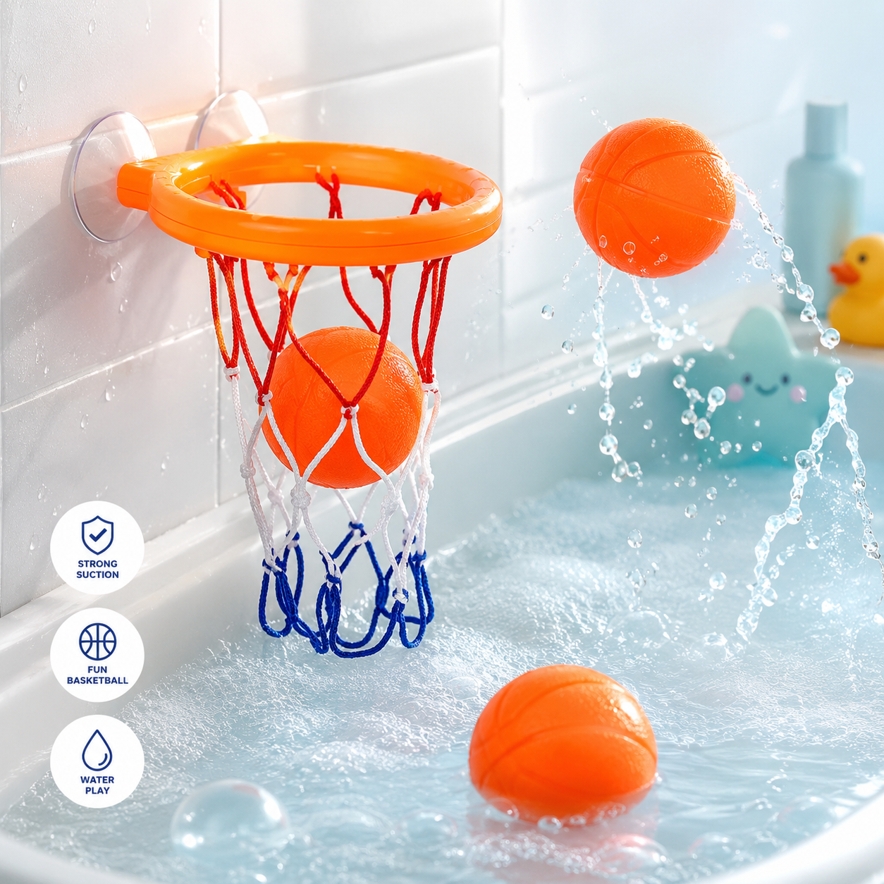 Mini Bath Basketball Hoop Set for Kids – Suction Cup Bathtub Basketball Toy with 3 Soft Balls